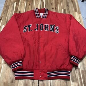 Vintage St Johns Red Storm Jacket Mens XL Red Satin Varsity Snap Button USA 90s